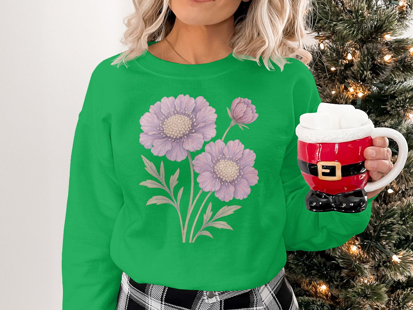 Festive Green Sweatshirt with Purple Flower Graphic product