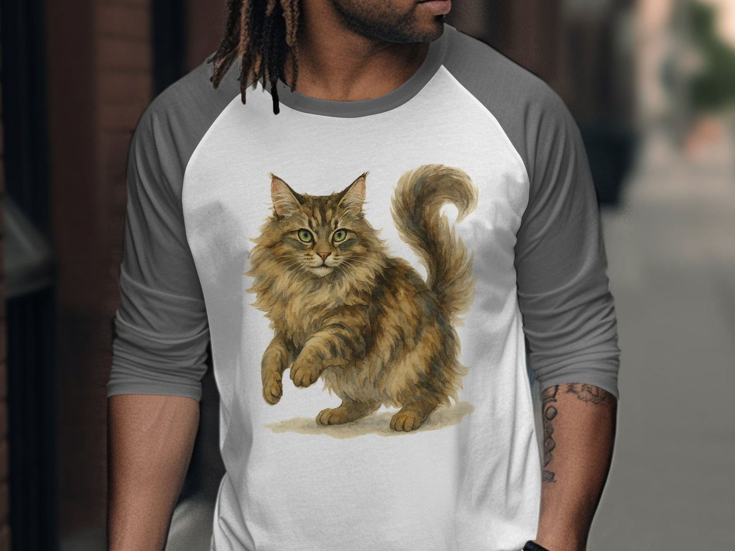Majestic Fluffy Cat Design Grey Sleeves T-Shirt product