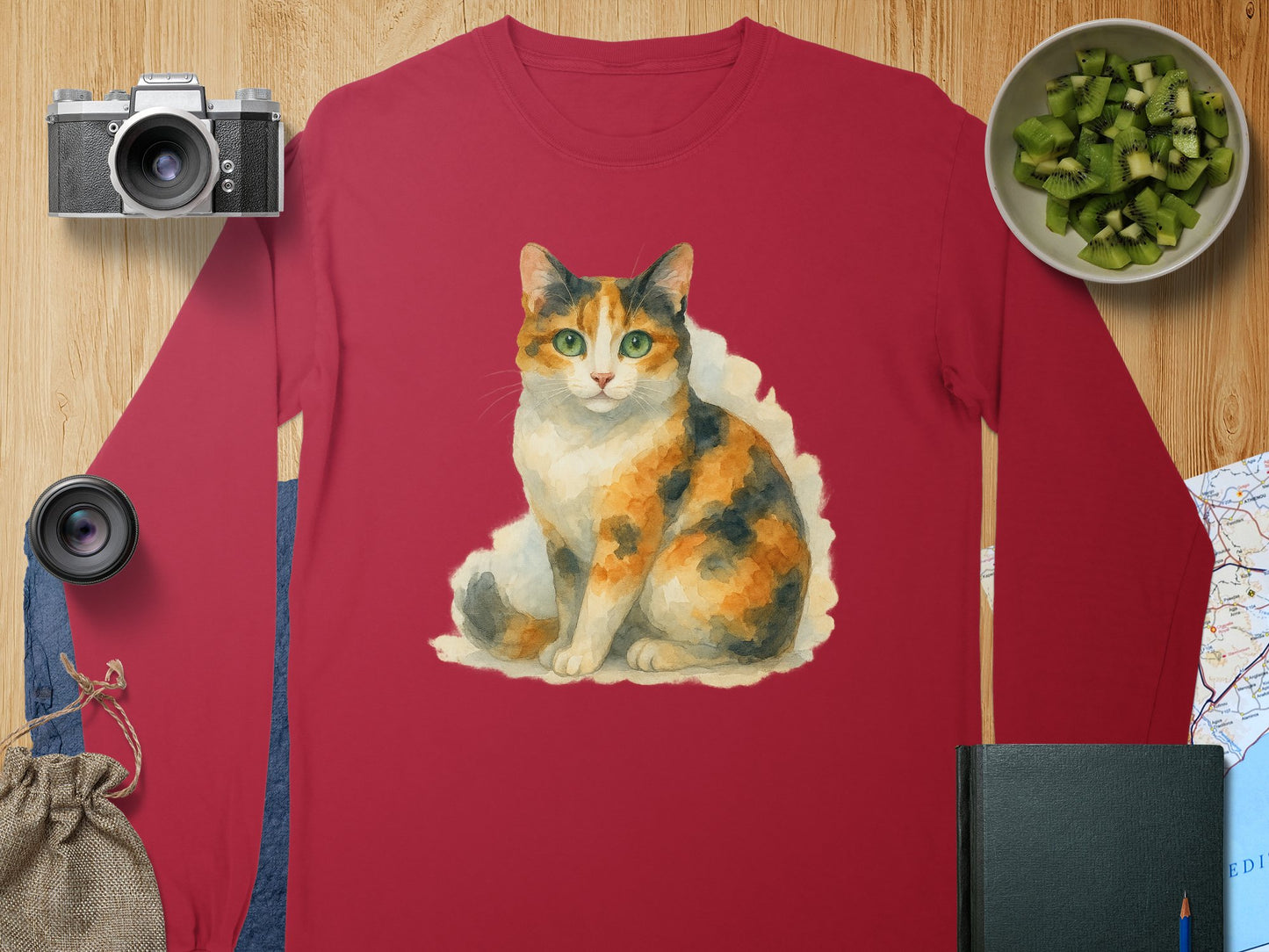 Calico Cat Artwork Design Printed on Red Shirt product type