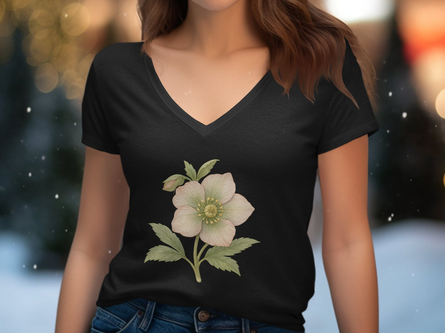 Elegant Floral Design on Black V Neck T-Shirt product