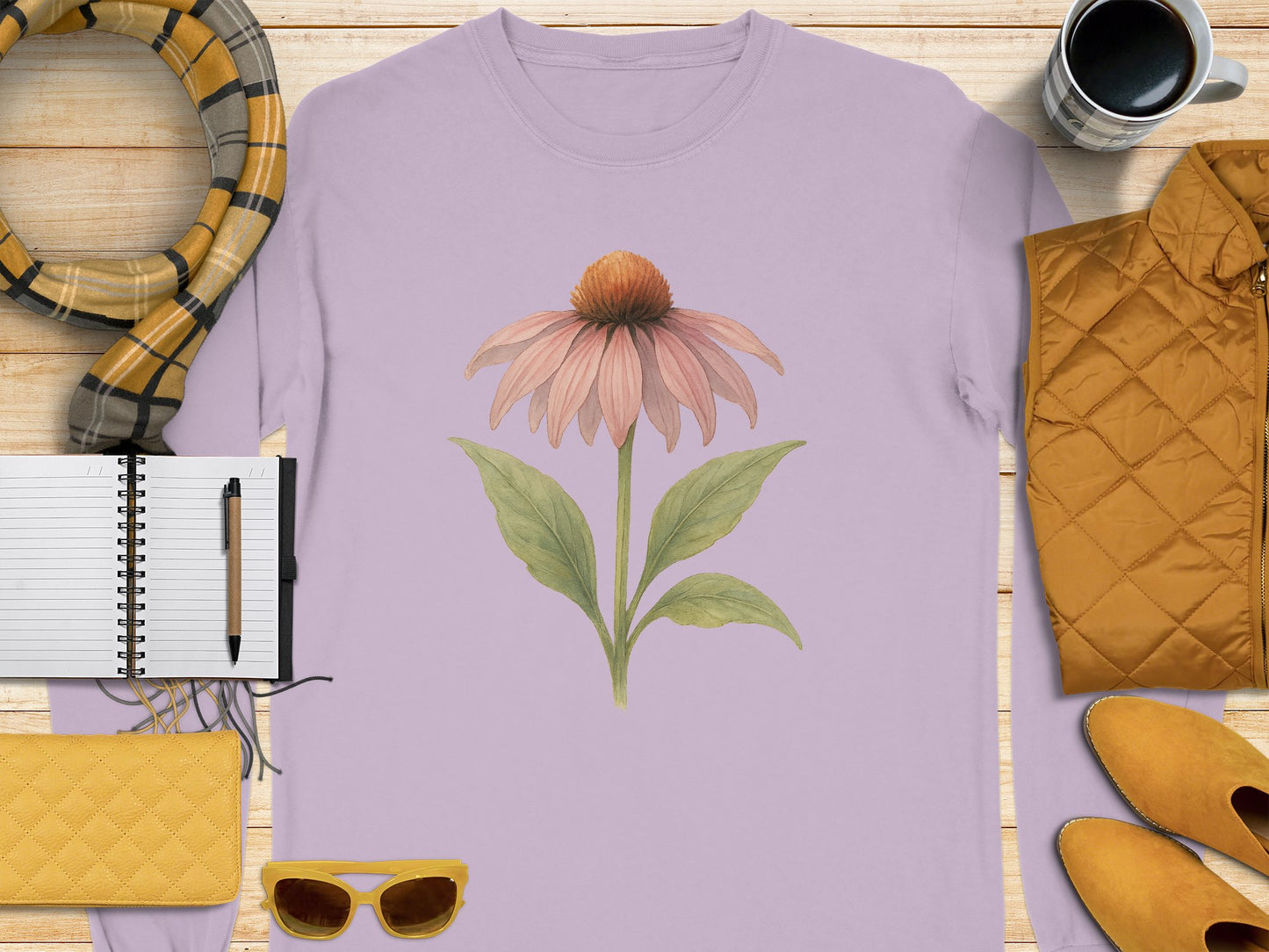 Pink Echinacea Flower Print Long Sleeve Shirt product type