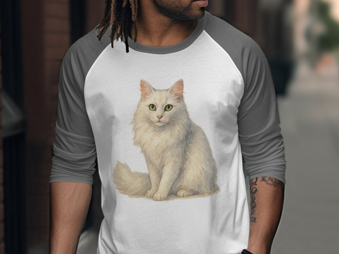 White Fluffy Cat Illustration on Grey Sleeve Shirt product type