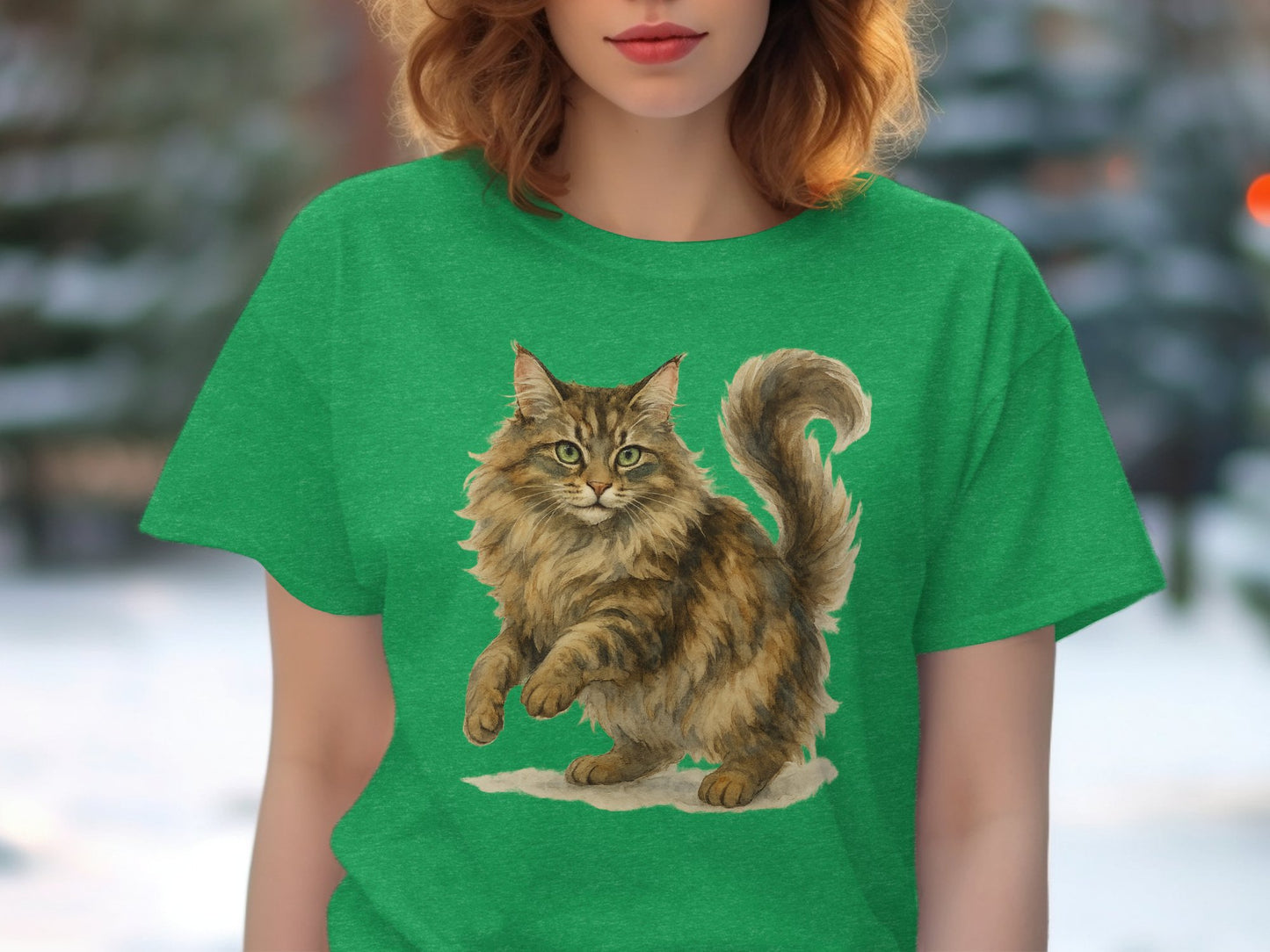 Adorable Maine Coon Cat on Green Shirt product type