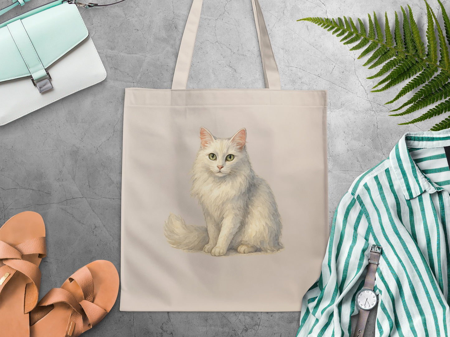 Stylish Beige Tote Bag with Adorable Cat Print product type