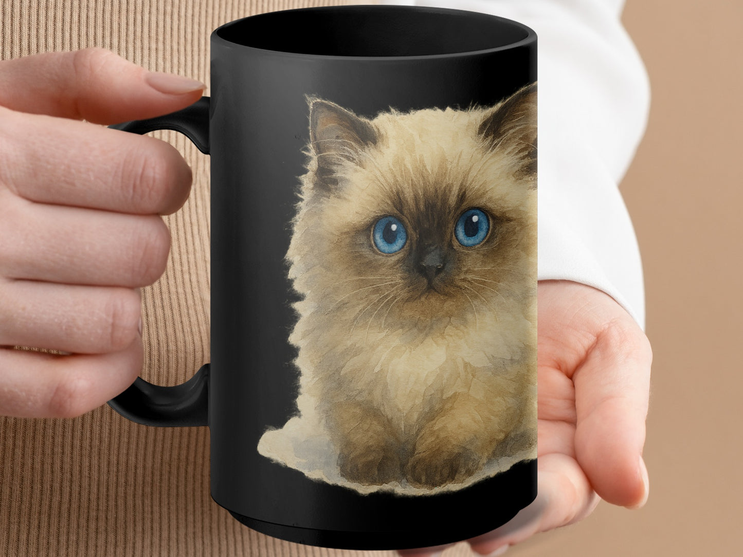 Adorable Fluffy Kitten Blue Eyes Black Mug product type