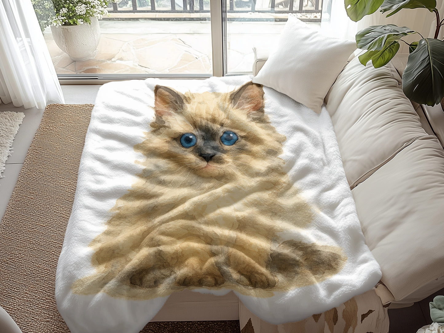 Cute Fluffy Blue-eyed Cat Print Blanket product