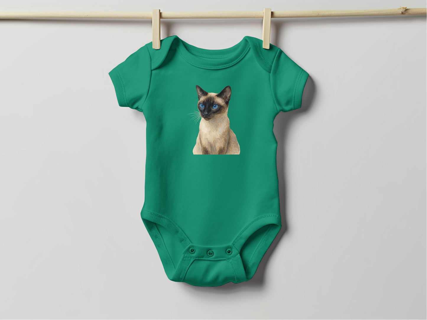 Cute Siamese Cat Graphic on Green Onesie product type