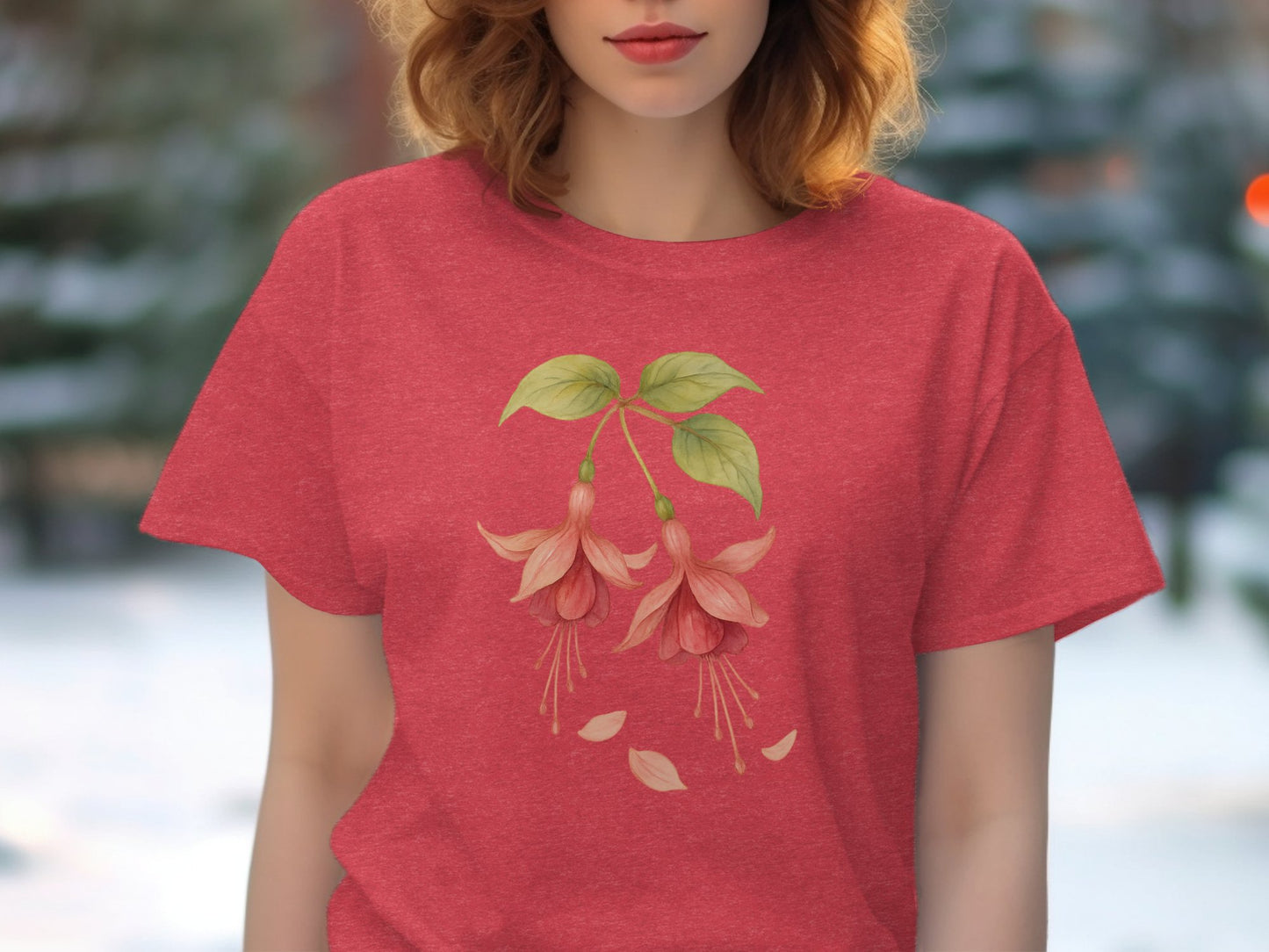Beautiful Pink Floral Design on Red T-Shirt product type