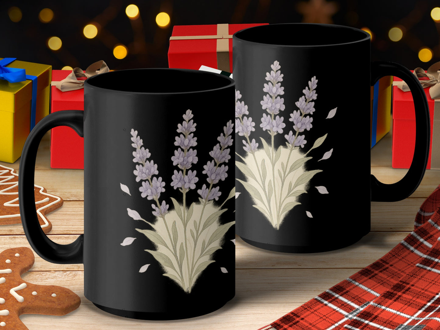 Lavender Floral Design Black Ceramic Mug product type