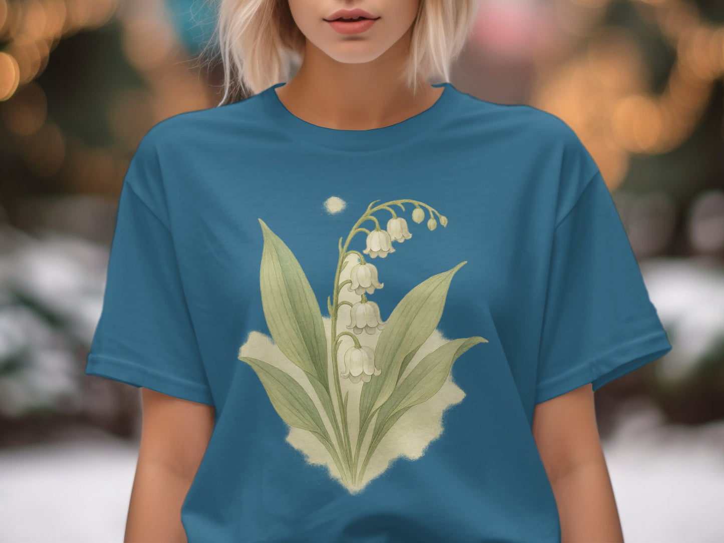 Beautiful Lily of the Valley Design on Blue Shirt product