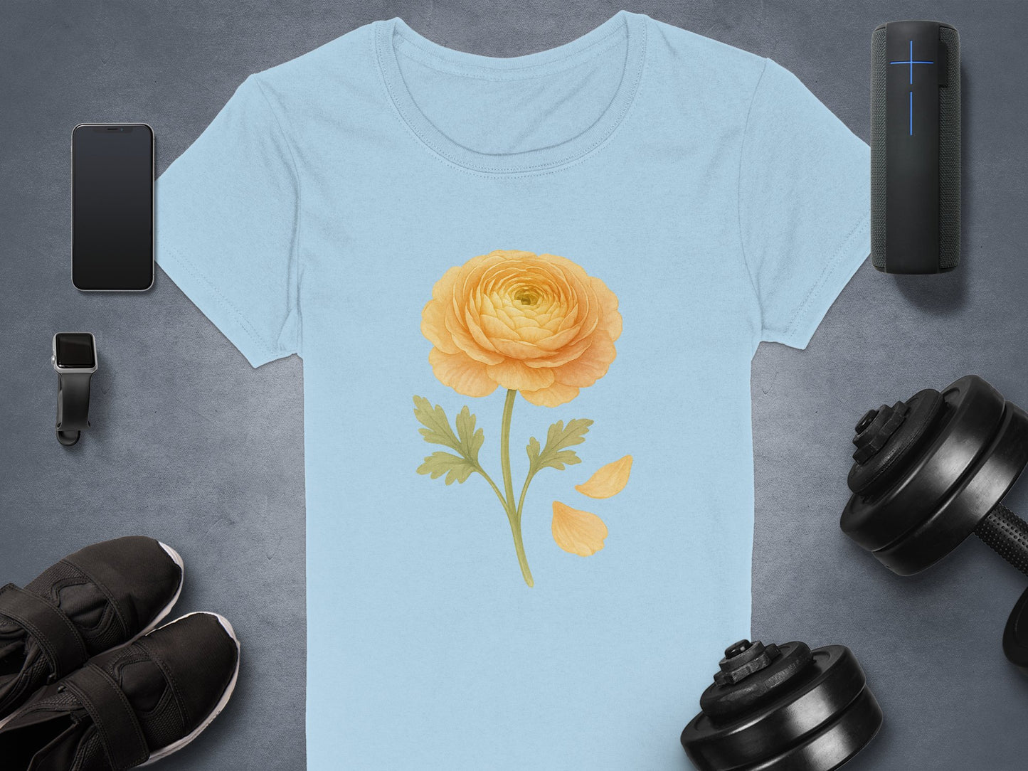 Yellow Flower Graphic Design on Light Blue Shirt product