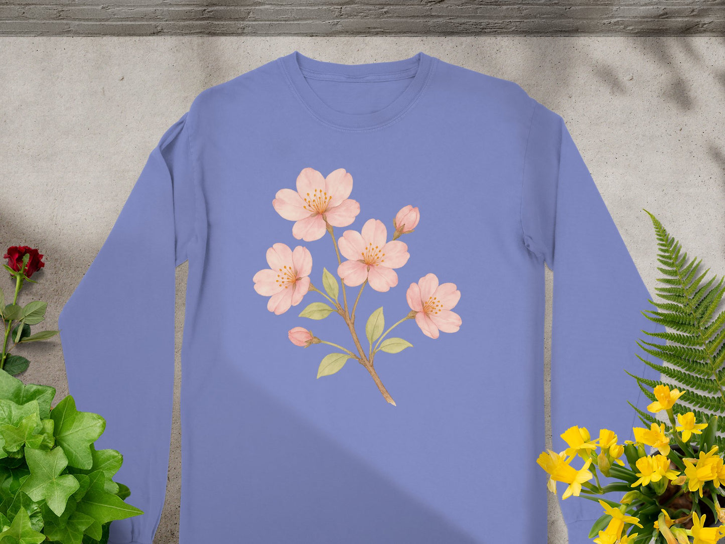 Beautiful Floral Design on Blue Long Sleeve Shirt product