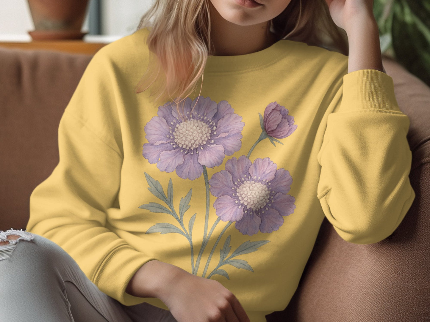 Stylish Yellow Sweatshirt with Purple Floral Design product type