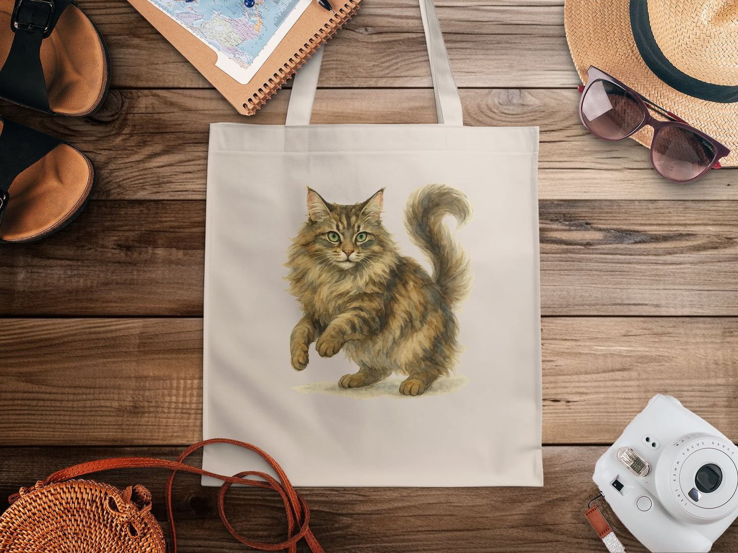Lovable Cat Design Beige Tote Bag Reusable Shopping product