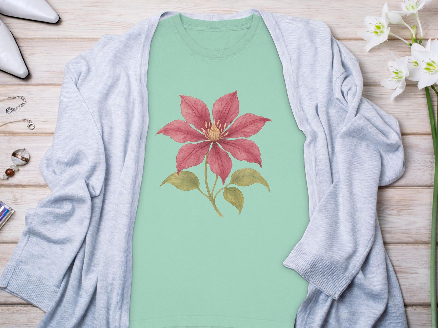 Floral Design Red Clematis Green Shirt product type