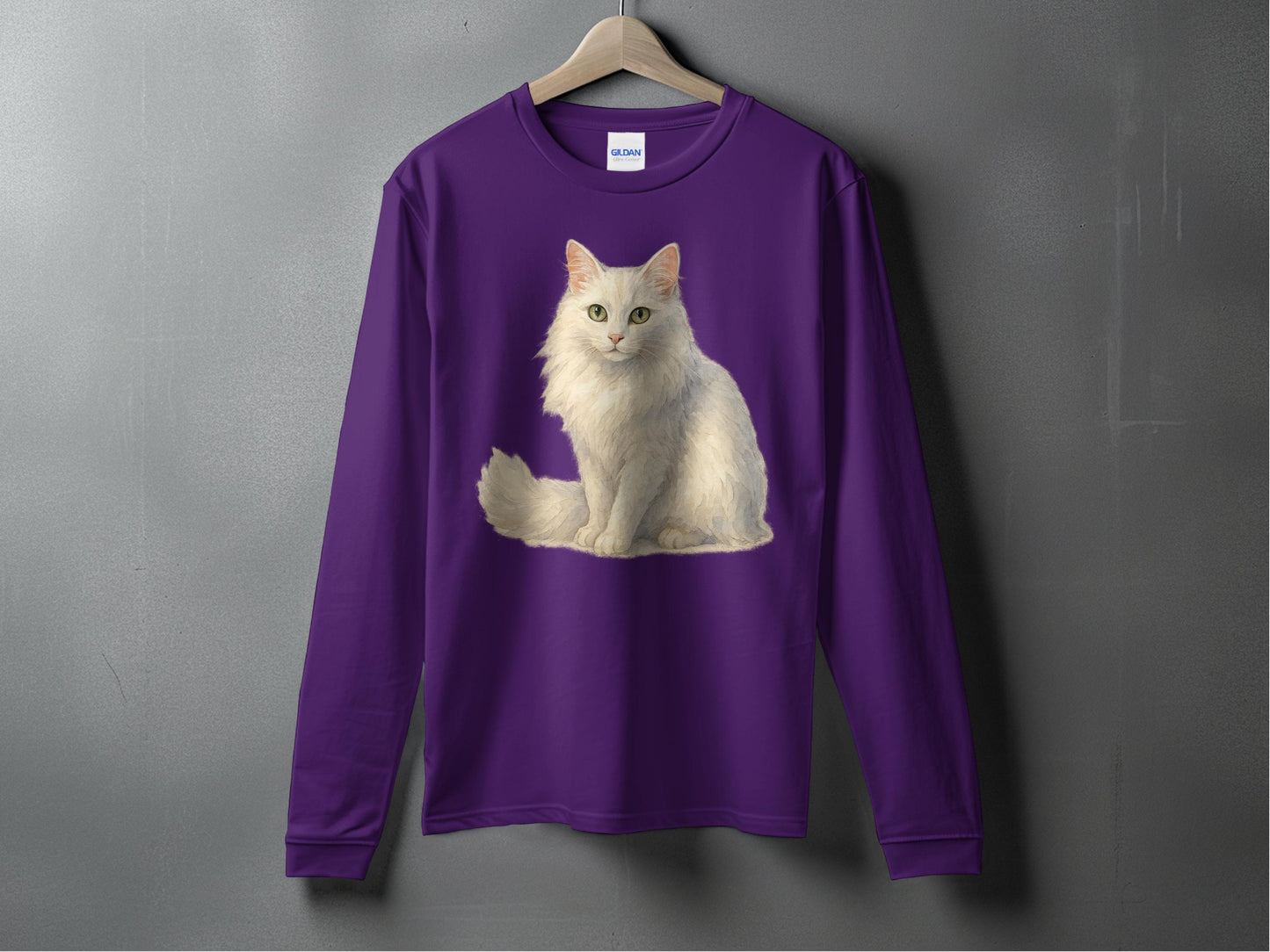 White Fluffy Cat Print on Purple Long Sleeve Shirt product