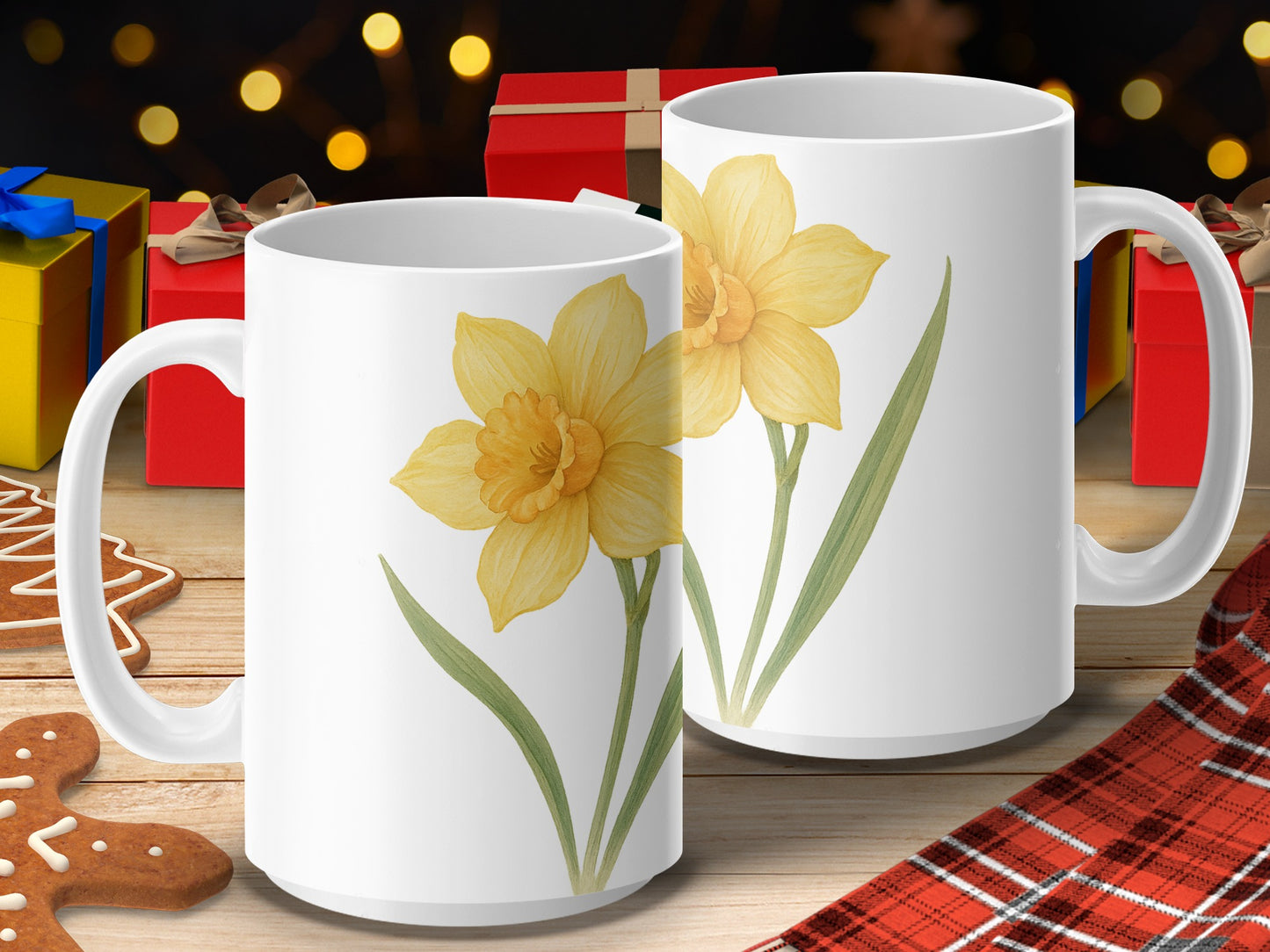 Festive Yellow Daffodil Design White Mug product type