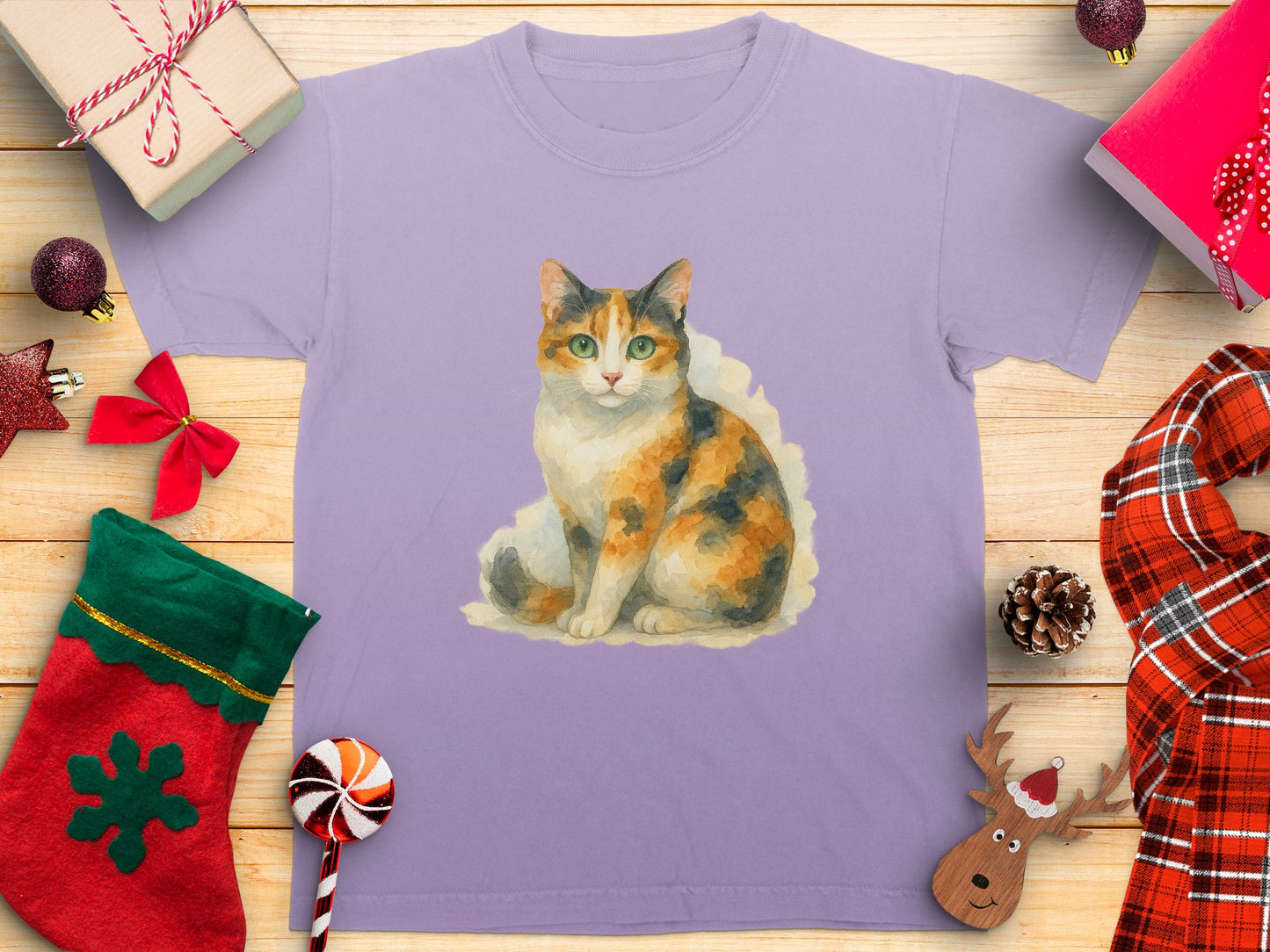 Adorable Calico Cat Graphic Holiday T-Shirt product type