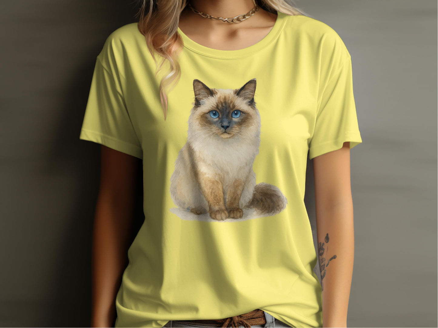 Adorable Blue-Eyed Cat Print on Yellow Shirt product type