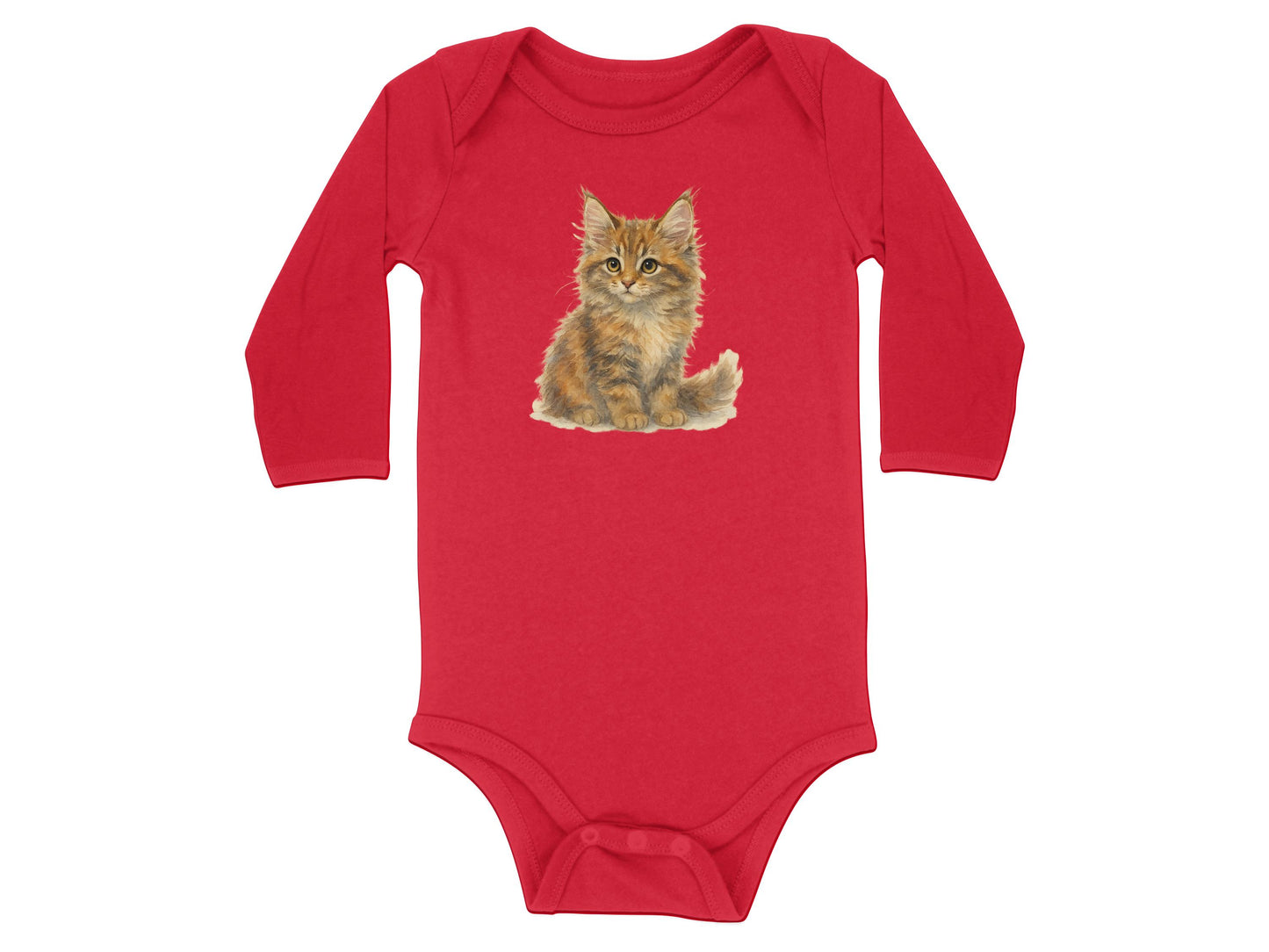 Adorable Long-Sleeve Red Onesie with Cute Kitten Design product type