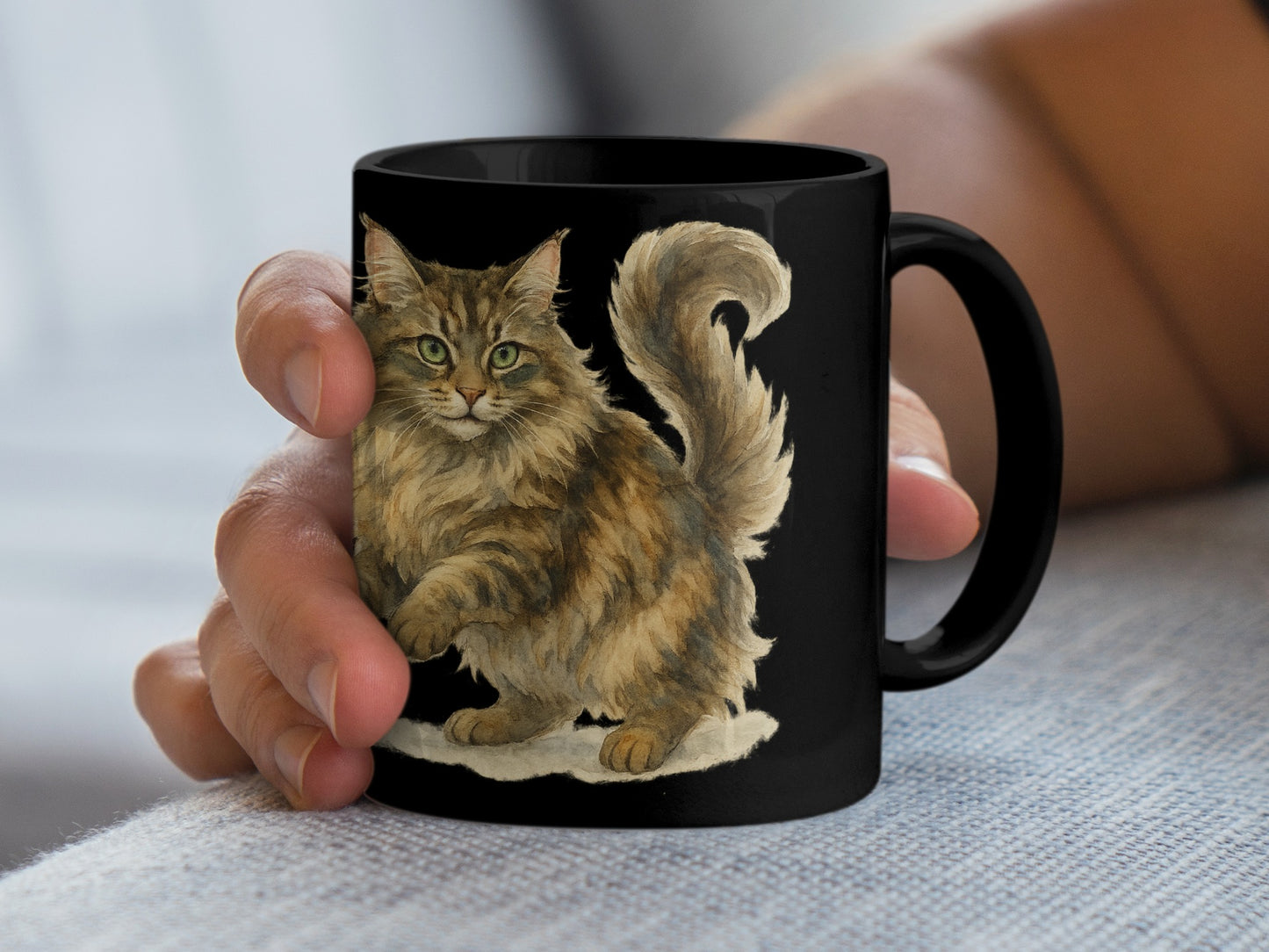 Adorable Fluffy Cat Artwork Featured on Black Mug product