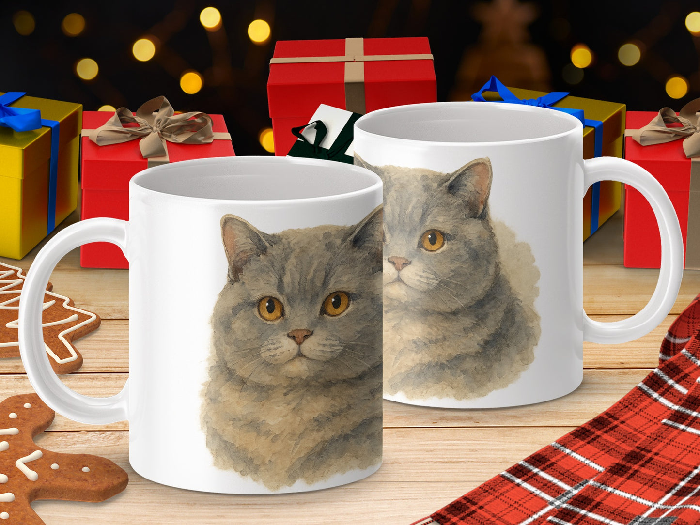 Cat Mug with Holiday Gifts and Lights Mug product