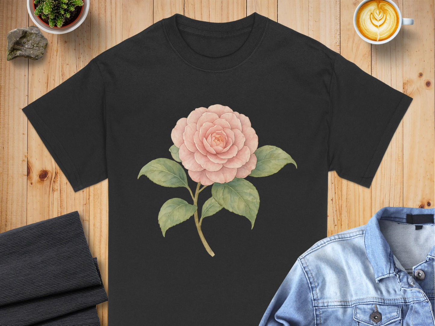 Elegant Flower Design on Black T-Shirt product type