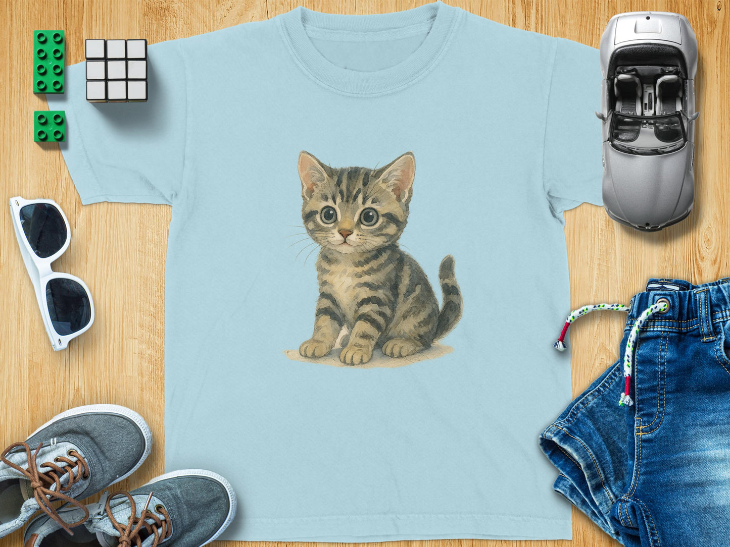 Adorable Kitten Illustration on Light Blue T-Shirt product type