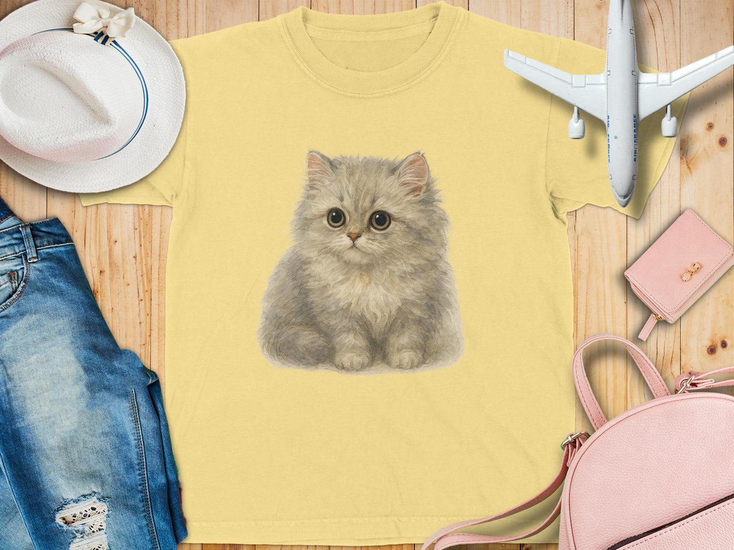 Cute Fluffy Kitten Print Yellow Casual T-shirt product