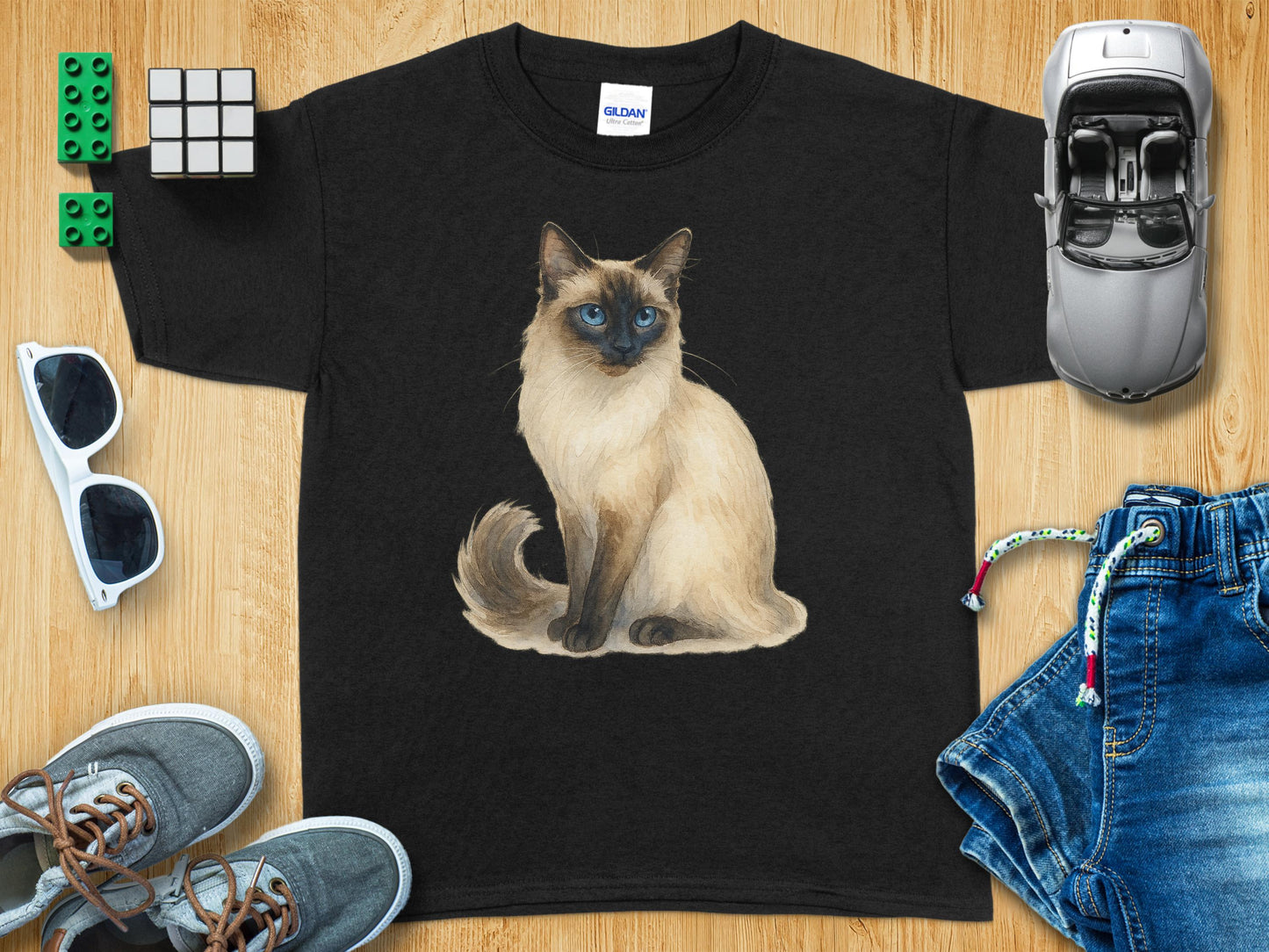 Adorable Siamese Cat Artwork Printed On Black T-shirt product