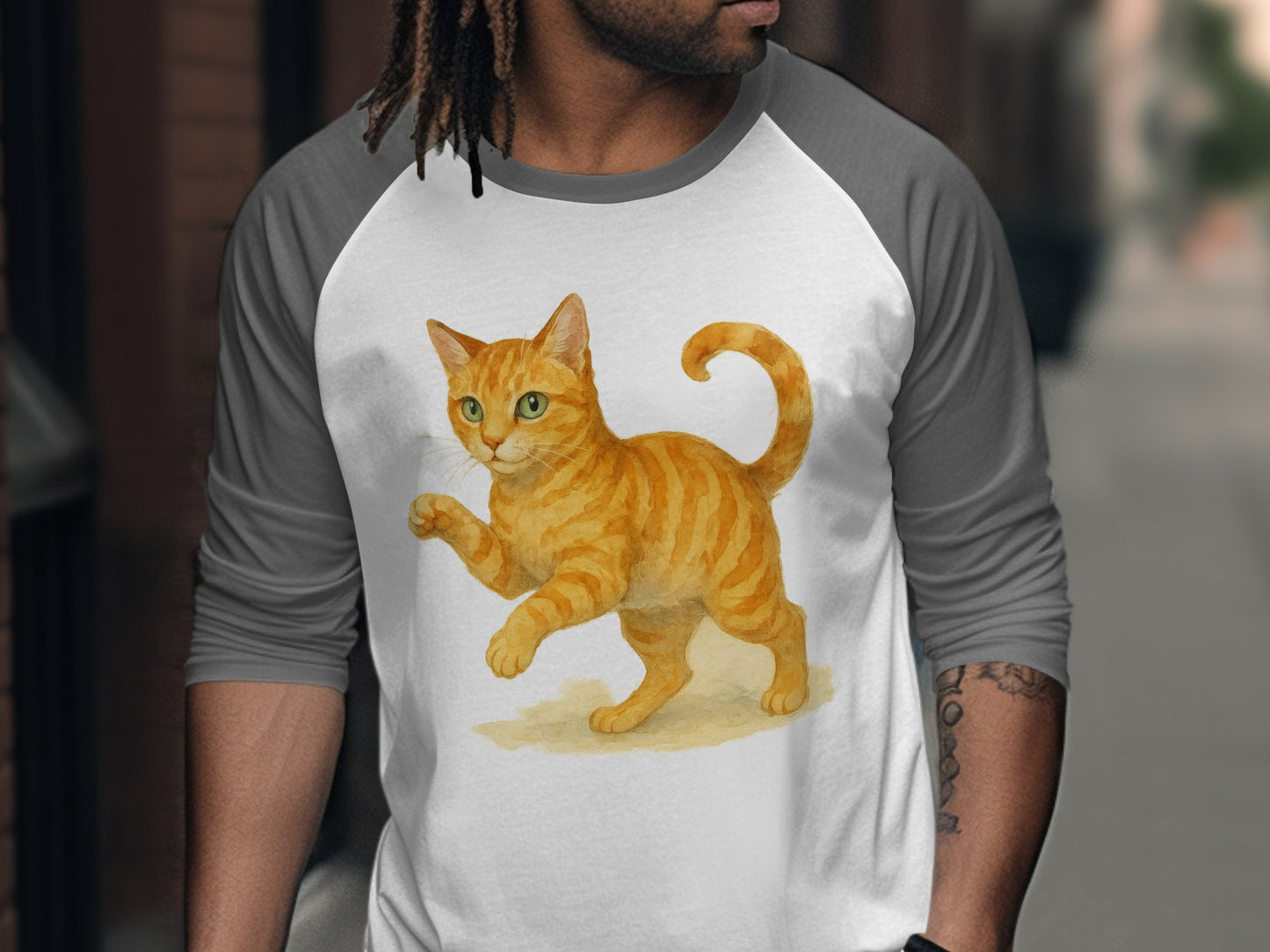 Playful Orange Cat Art on Men's Raglan Shirt product