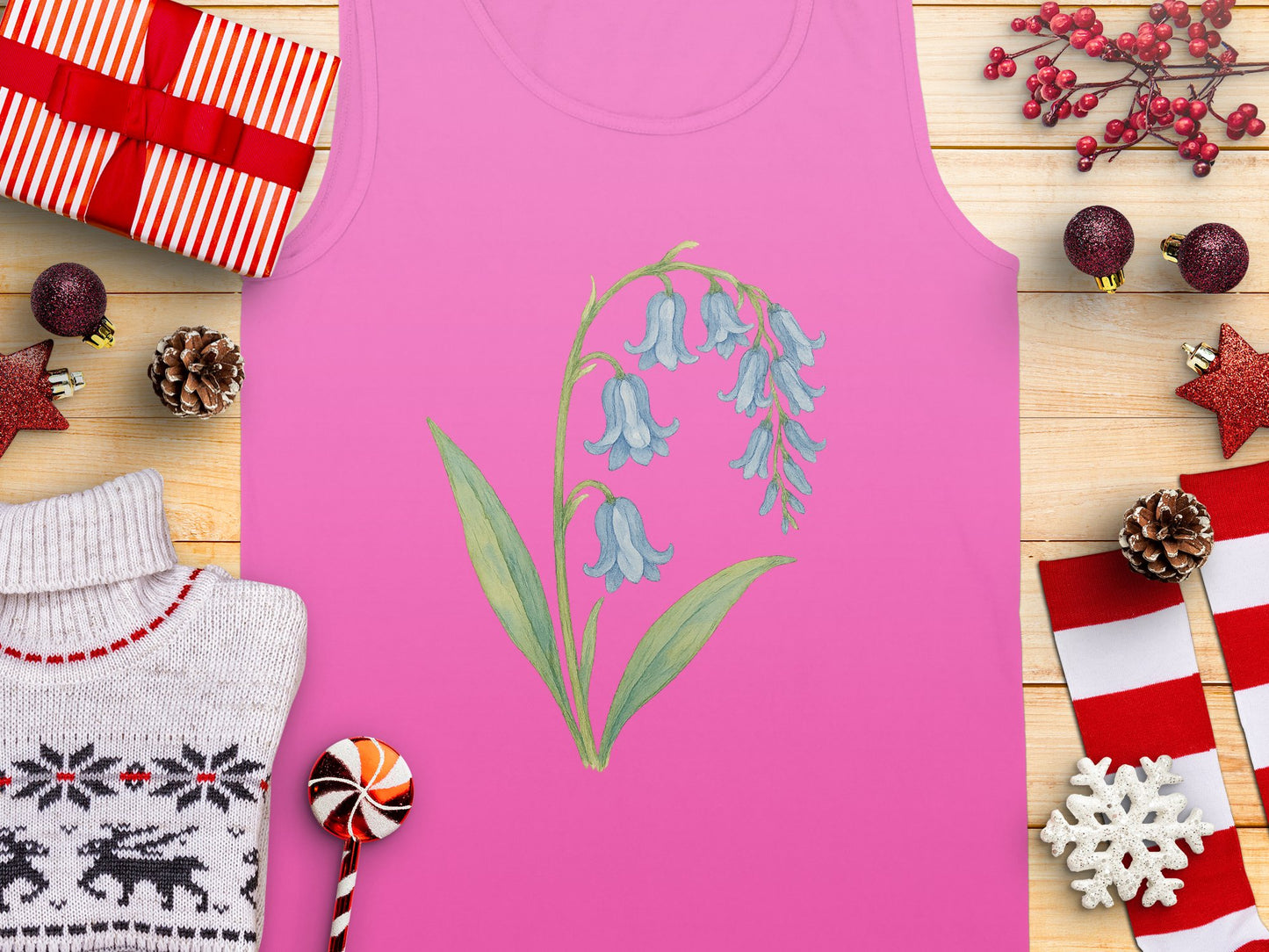Festive Pink Tank Top With Bluebells Graphic Product Type