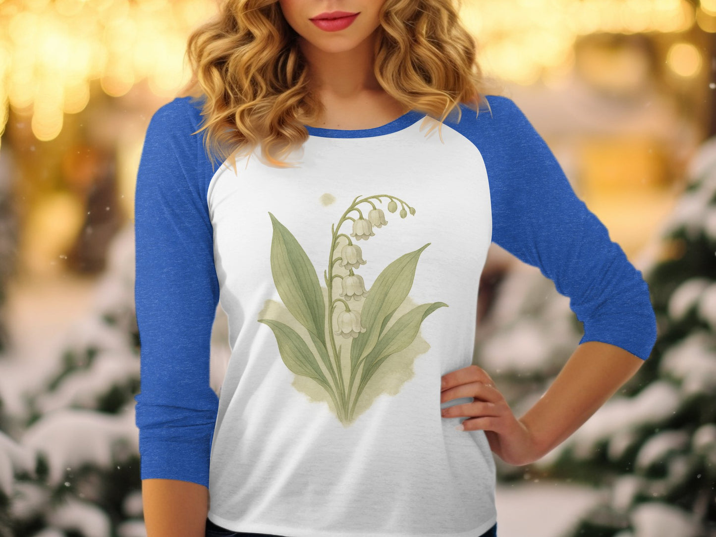 Floral Lily of the Valley Print Design Blue Raglan product
