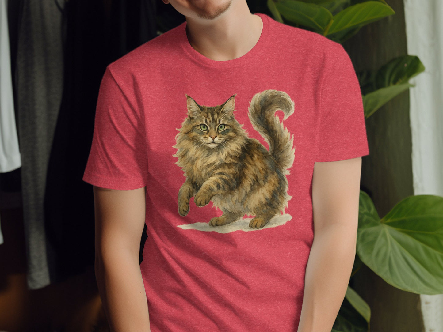 Fluffy Cat Graphic on Red Short-Sleeve T-Shirt product