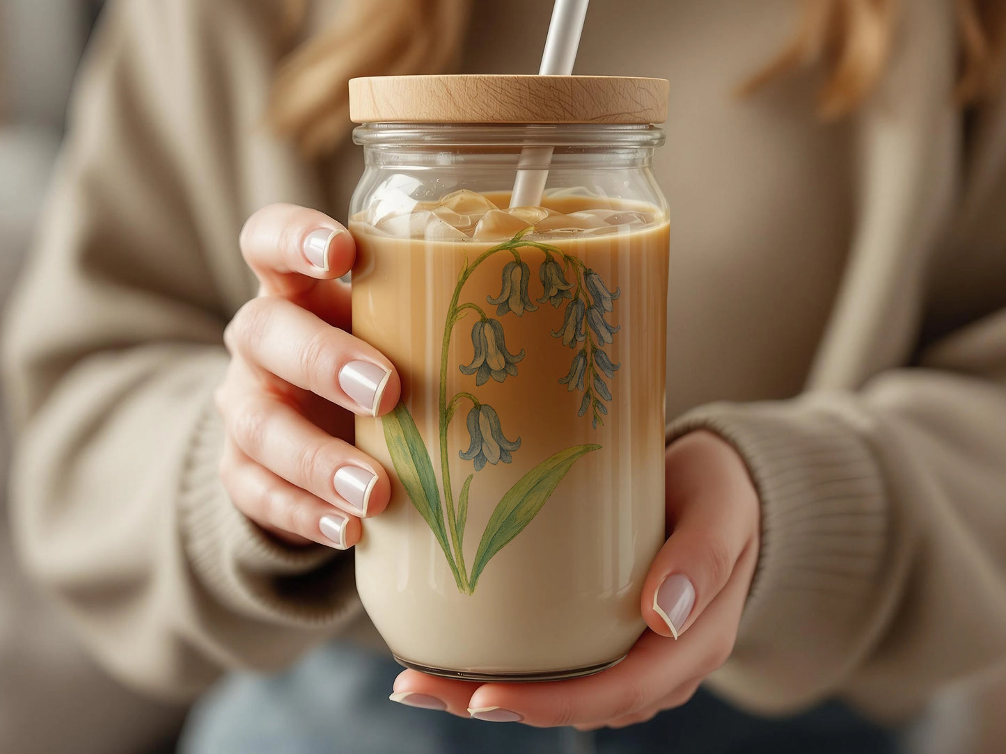 Floral Design Glass Jar with Straw Beverage product