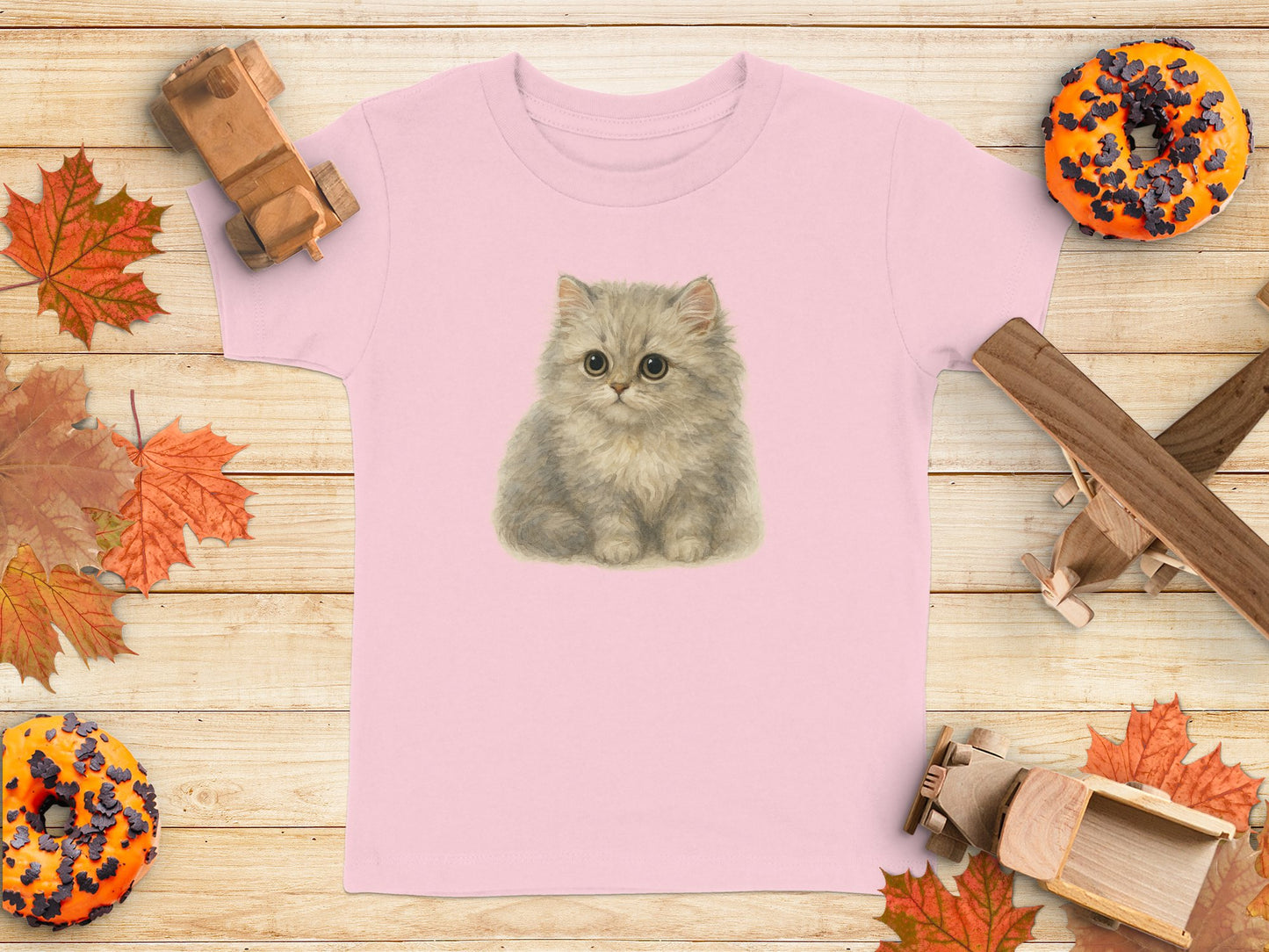 Adorable Fluffy Kitten Graphic on Pink T-Shirt product type