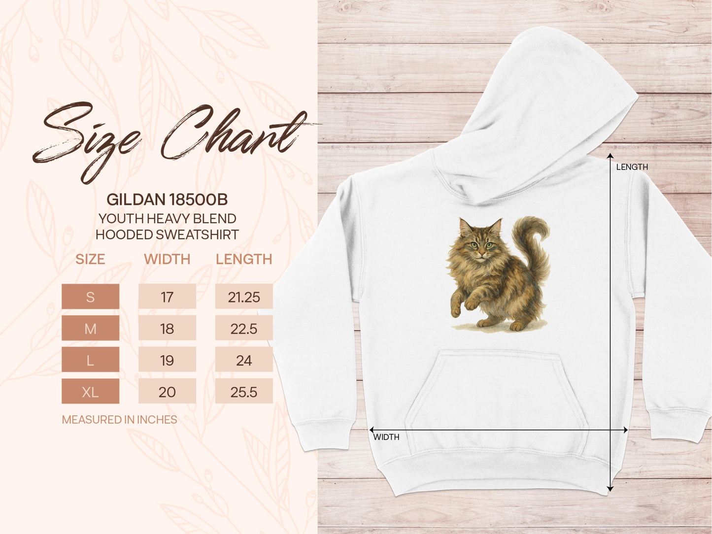 Cat Print Youth Hoodie with Size Measurements product type