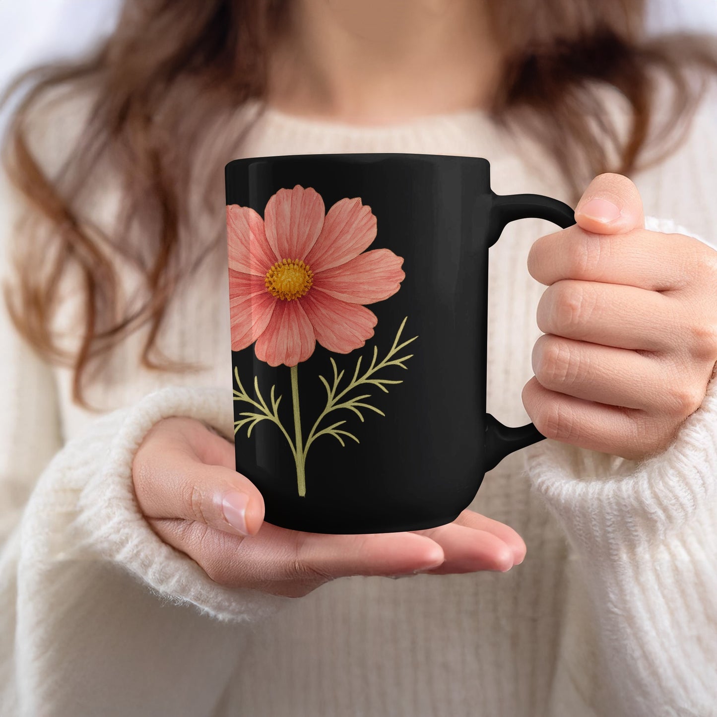 Black Coffee Mug with Pink Floral Design product type