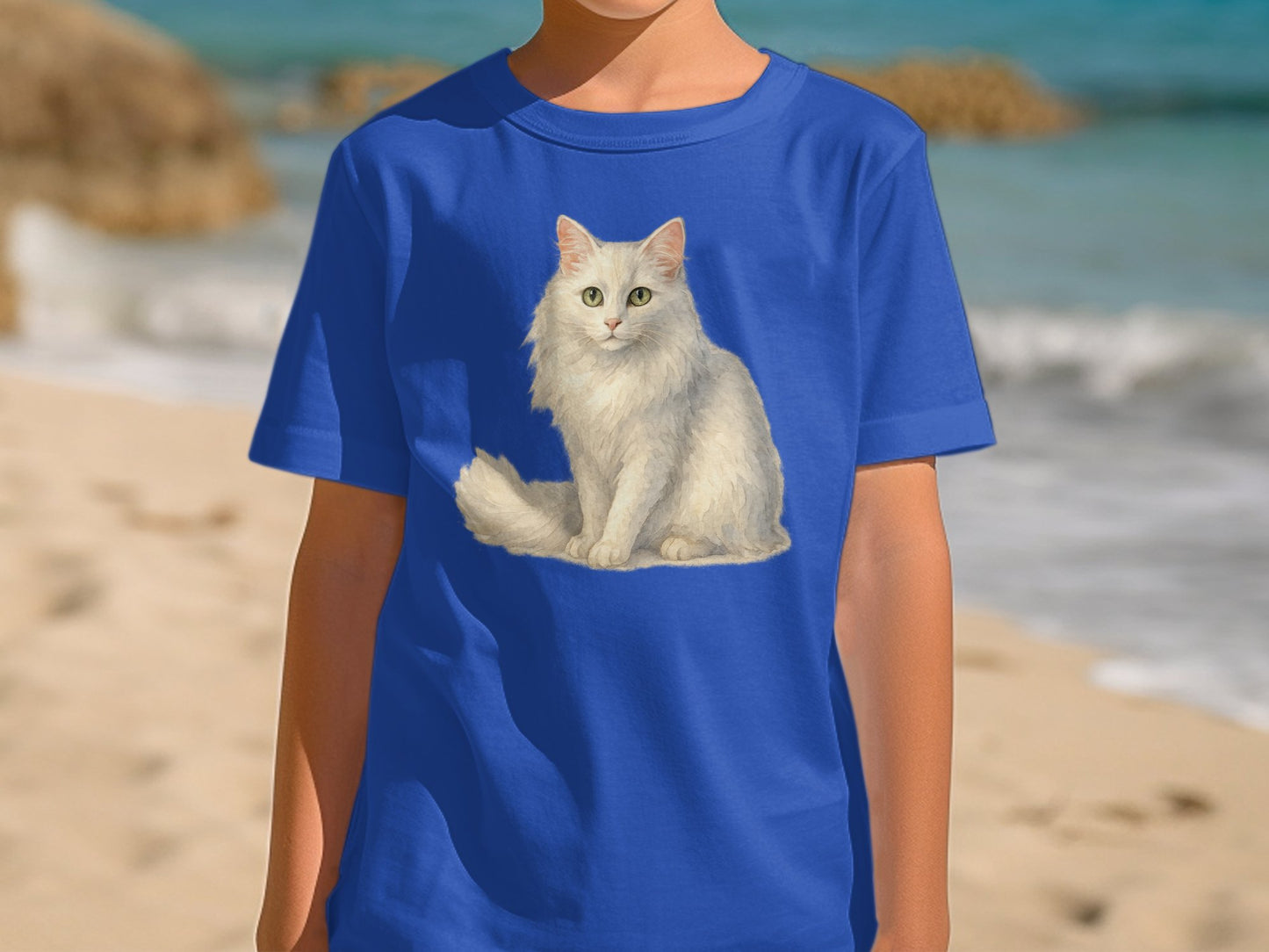 Blue T-Shirt with White Cat Design Casual Wear product