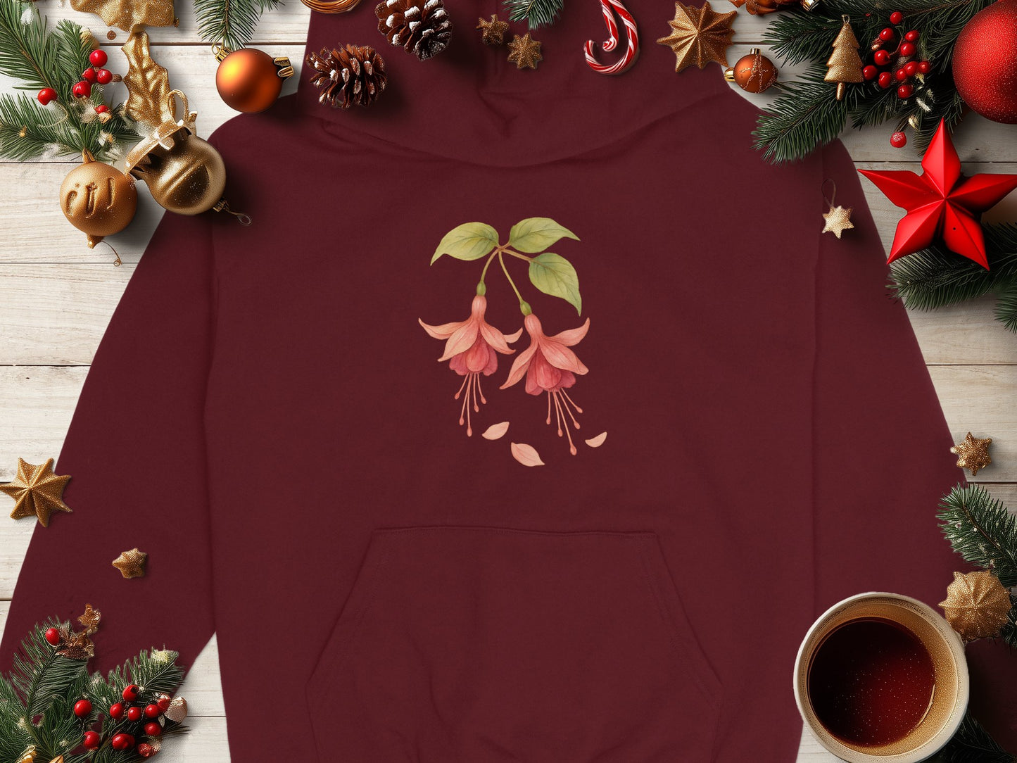 Festive Burgundy Hoodie with Elegant Floral Design product type