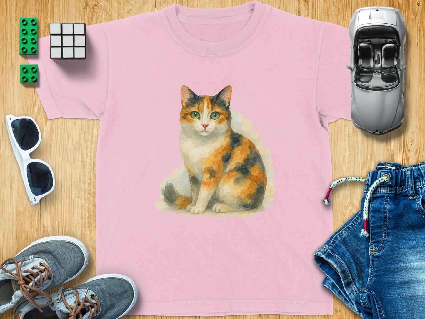 Charming Watercolor Cat Print Pink Youth Shirt product