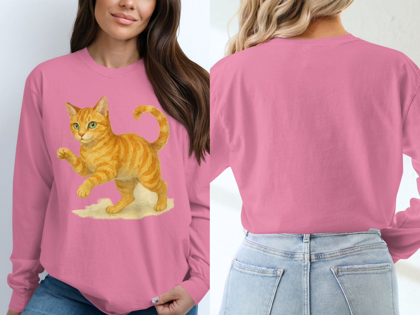 Cute Cat Graphic Print Pink Long Sleeve Shirt product