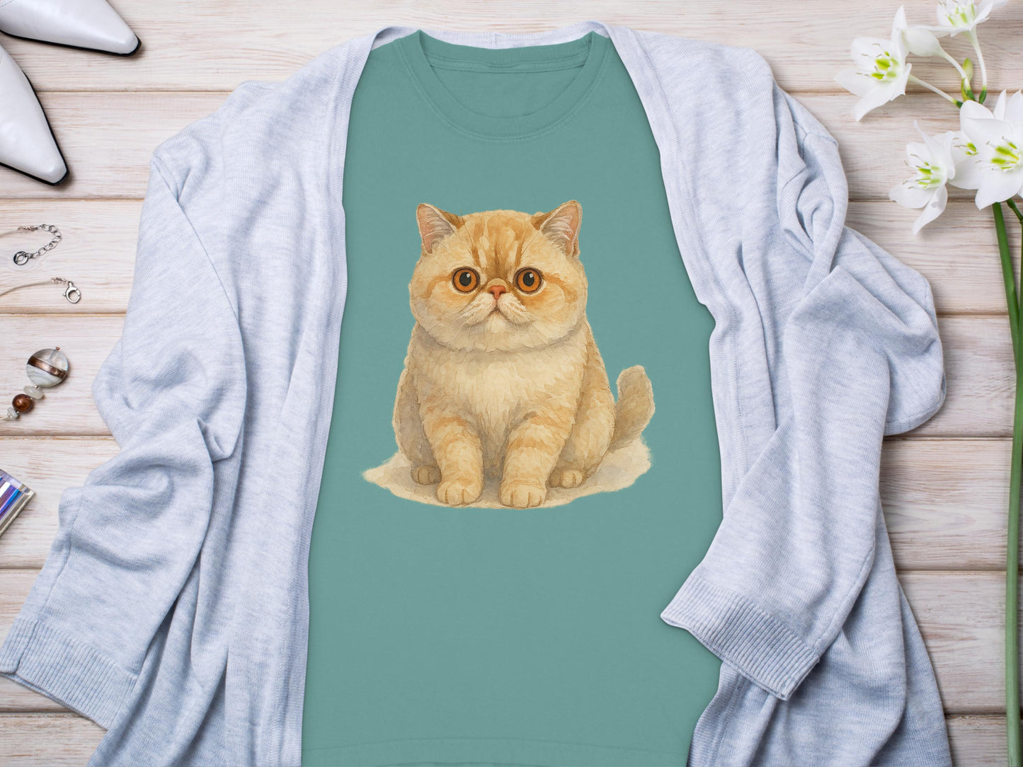 Cute Cat Illustration on Sage Green T-Shirt product type