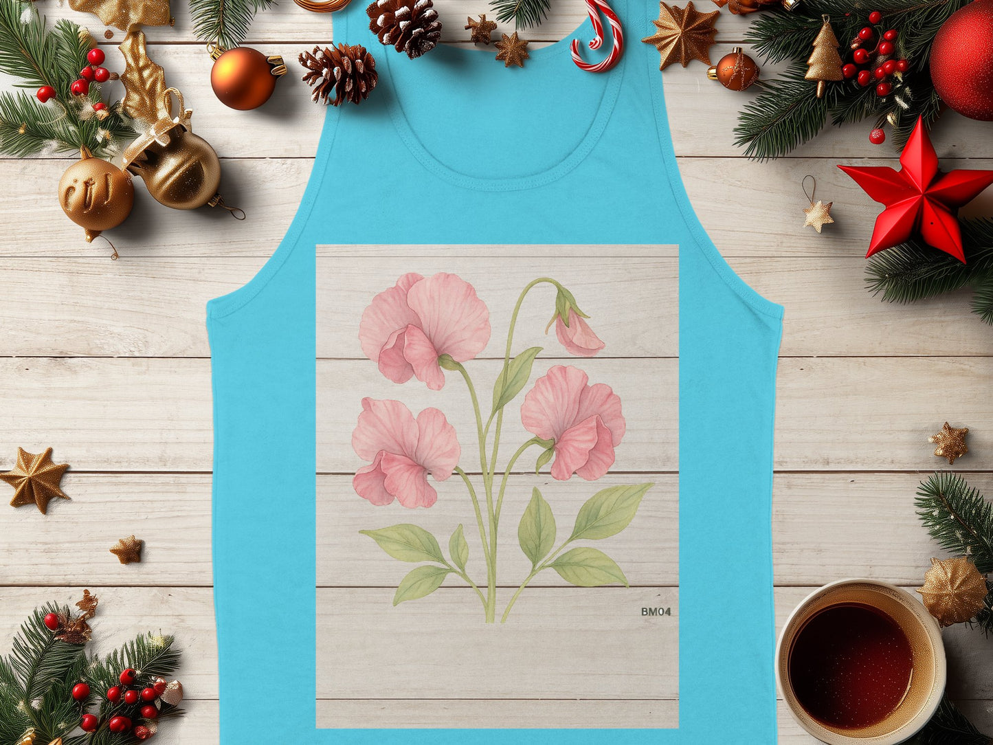 Pink Floral Design on Aqua Blue Tank Top product