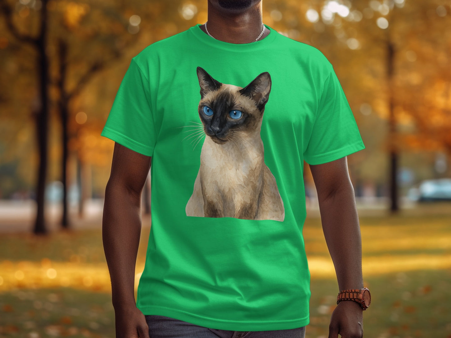 Green T-shirt with Siamese Cat Print Apparel product type