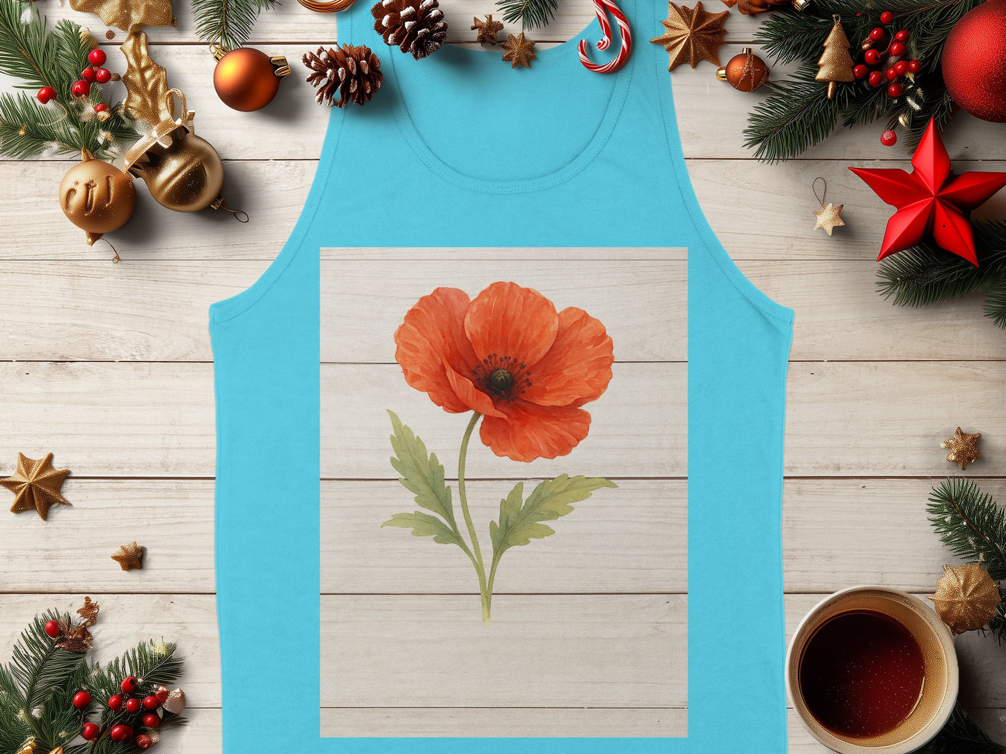 Festive Blue Tank Top with Poppy Flower Design product