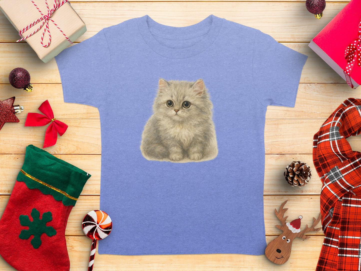 Cute Fluffy Kitten Print on Blue T-Shirt product type