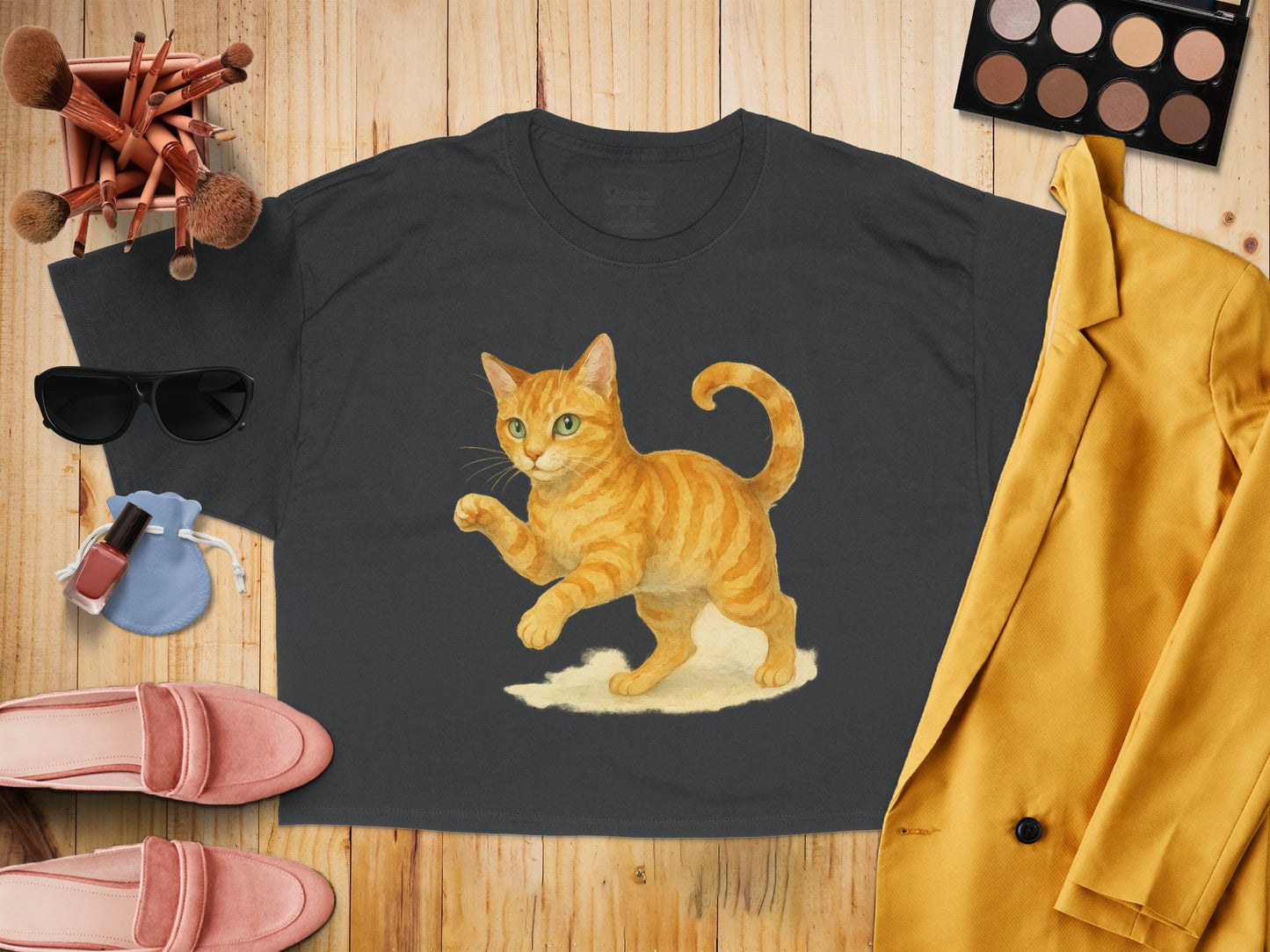 Cute Orange Cat Design Black T-Shirt Clothing Product