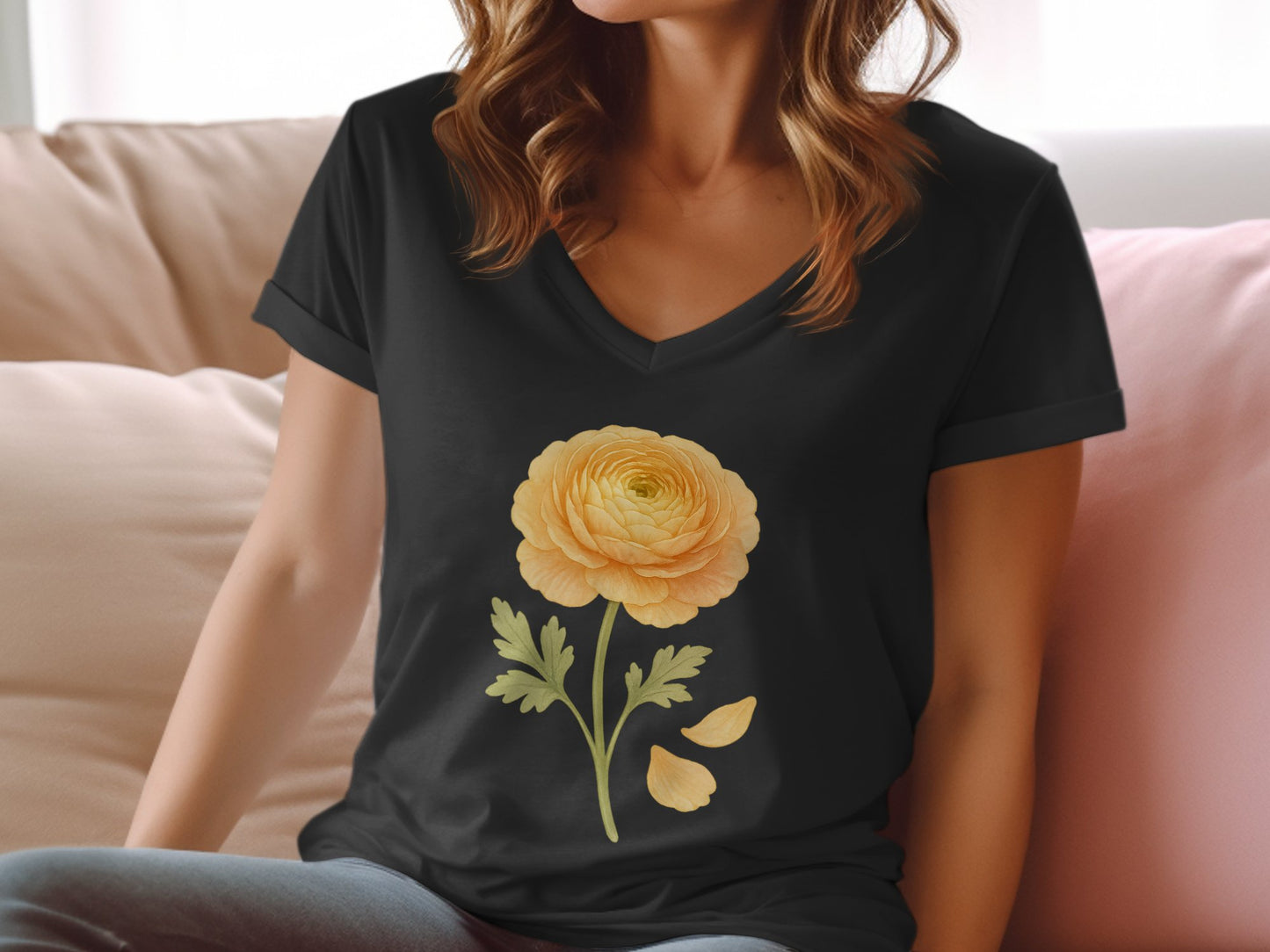 Yellow Flower Graphic Print V-Neck T-Shirt product