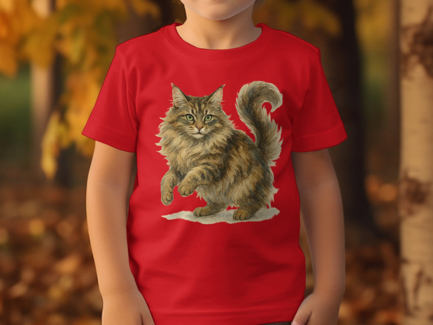 Realistic Fuzzy Cat Print Design on Red Shirt product type